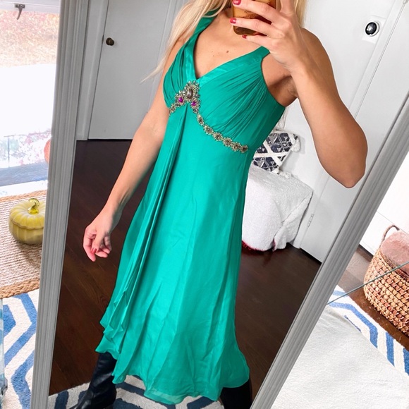 🦚 MONSOON TEAL GREEN BEADED FESTIVE SILK DRESS! - Picture 3 of 16